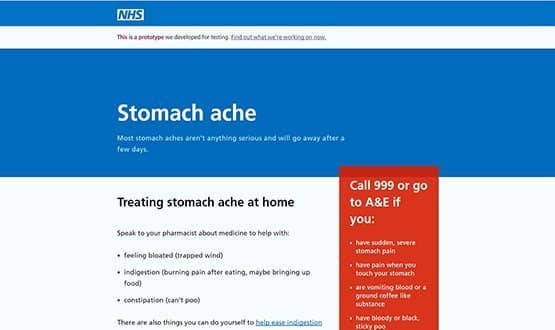 One of the symptom web pages being tested for the NHS.uk website.