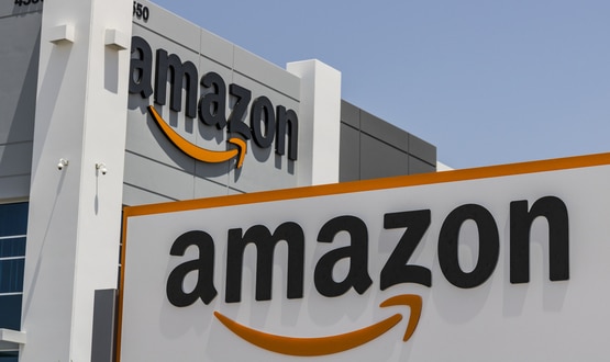 The Amazon logo adorns one of its corporate buildings