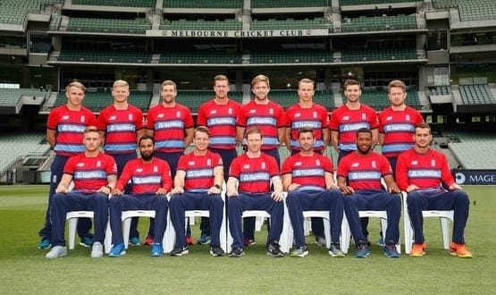England players pose for the Twenty20 T20 international series team photo at the Melbourne Cricket Ground on February 9, 2018 in Melbourne, Australia.