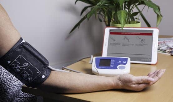 The telehealth system allows patients to input biometric readings on a 3G tablet and send them directly to clinicians for review.