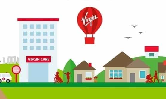 A graphic from Virgin Care showing buildings bearing the Virgin logo