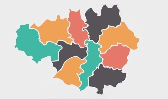 A coloured map depicting the different boroughs in the Greater Manchester area