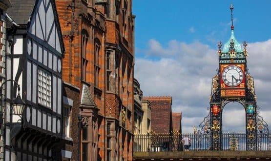 A view of the elegant Eastgate Clock in the historic city of Chester in Cheshire, UK